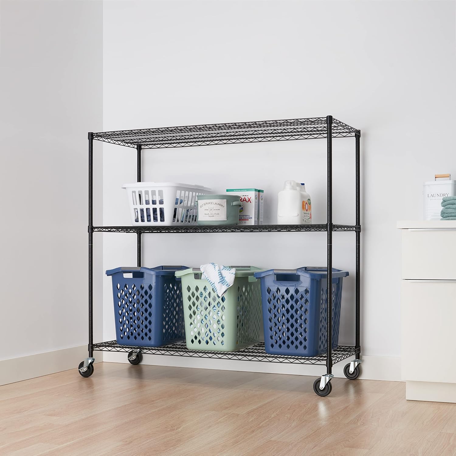 Trinity Basics 3-Tier Adjustable Wire Shelving with Wheels for Kitchen Organization, Garage Storage, Laundry Room, NSF Certified, 600 to 1350 Pound Capacity, 60' by 24' by 54', Black
