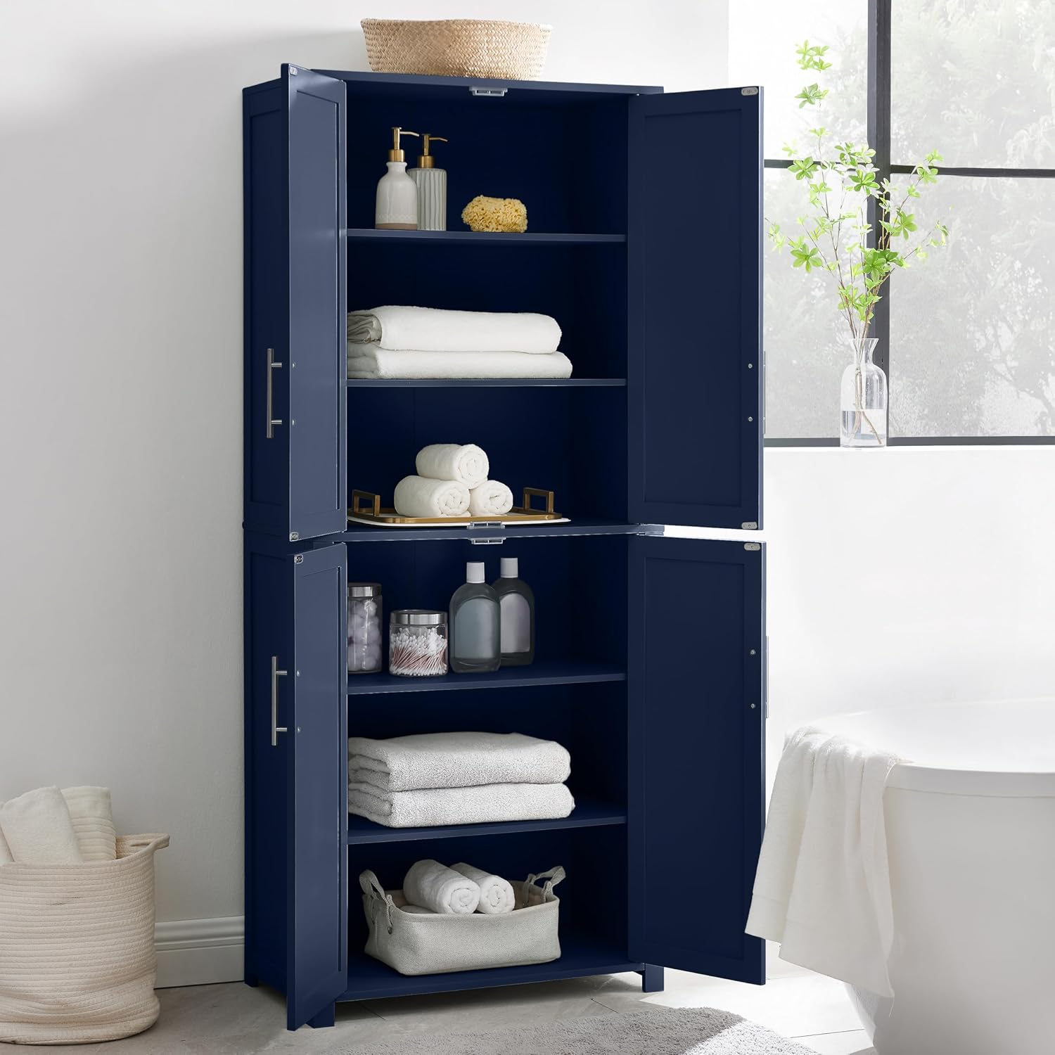 Crosley Furniture Savannah Tall Pantry Storage Cabinet with Shelves, Kitchen, Dining, or Laundry Room, Navy
