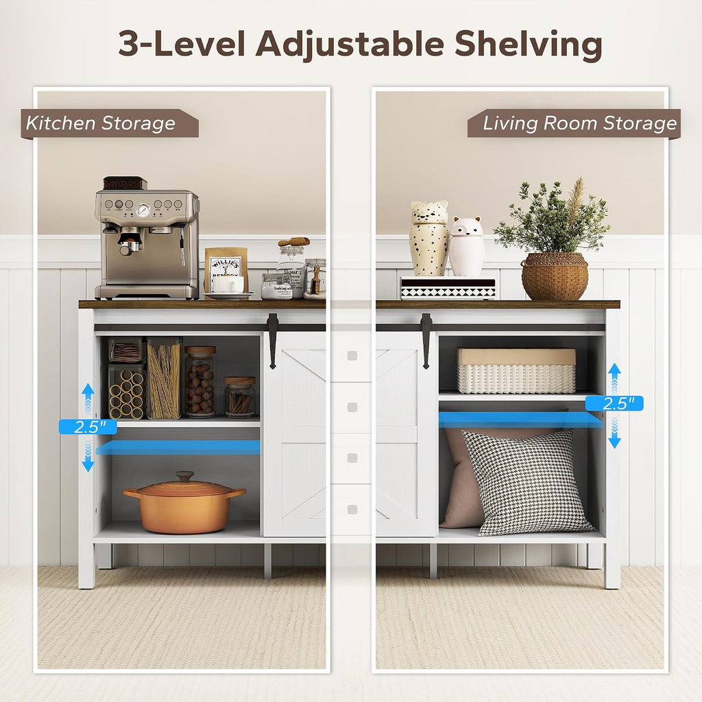 HOMCOM 59 Inch Farmhouse Sideboard Buffet Cabinet with Thick Top, Coffee Bar Cabinet with 2 Sliding Barn Doors, 4 Drawers and 2 Adjustable Shelves for Kitchen, Distressed White