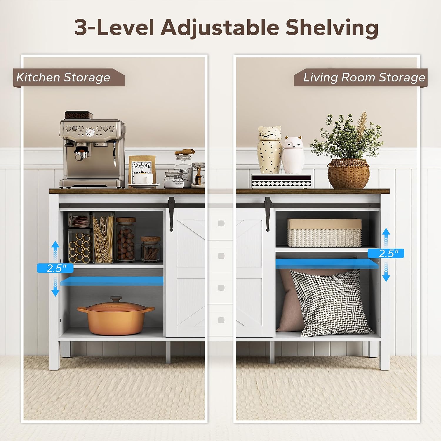 HOMCOM 59 Inch Farmhouse Sideboard Buffet Cabinet with Thick Top, Coffee Bar Cabinet with 2 Sliding Barn Doors, 4 Drawers and 2 Adjustable Shelves for Kitchen, Distressed White