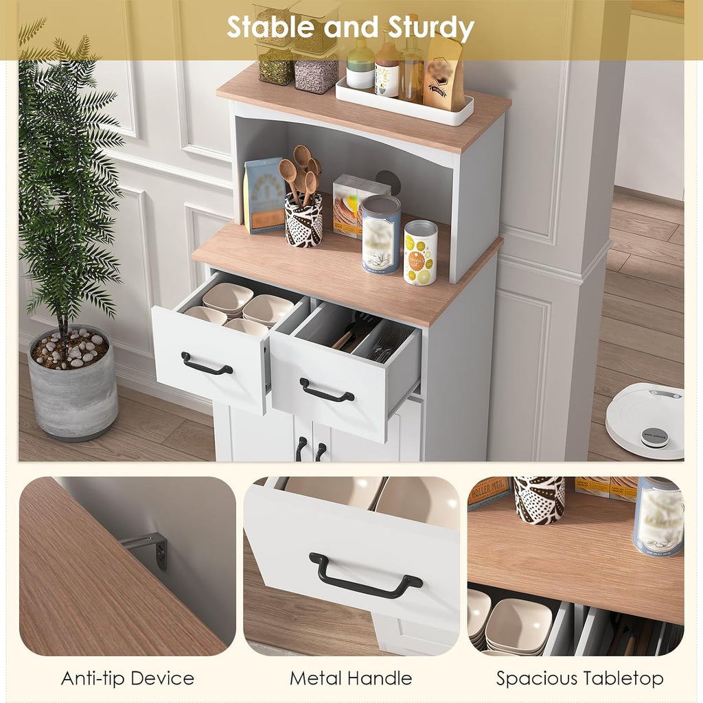 49' Kitchen Pantry Cabinet with Storage, Microwave Stand with 2 Drawers, Buffet Cabinet with Adjustable Shelf, Kitchen Hutch Storage Cabinet with Microwave Countertop for Dinning Room, White