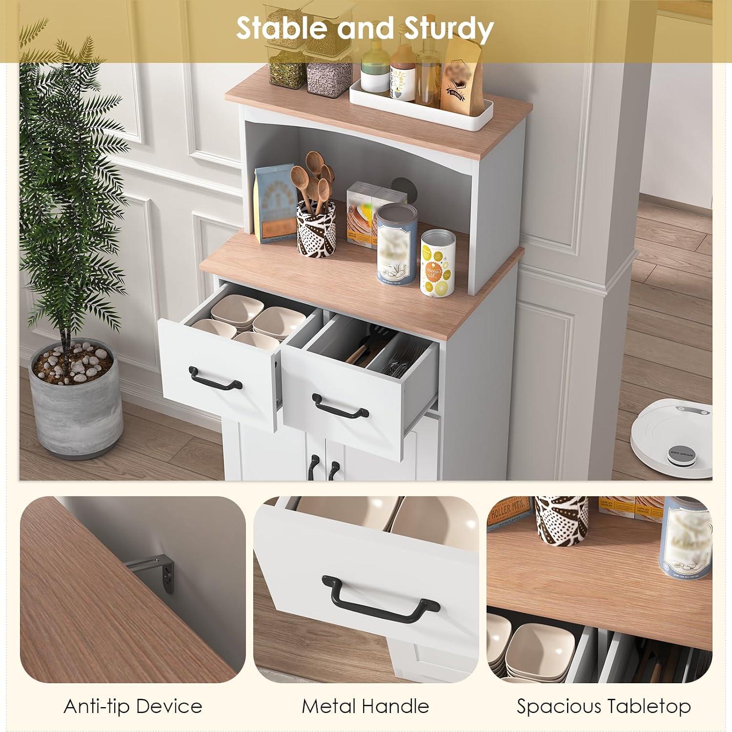 49' Kitchen Pantry Cabinet with Storage, Microwave Stand with 2 Drawers, Buffet Cabinet with Adjustable Shelf, Kitchen Hutch Storage Cabinet with Microwave Countertop for Dinning Room, White