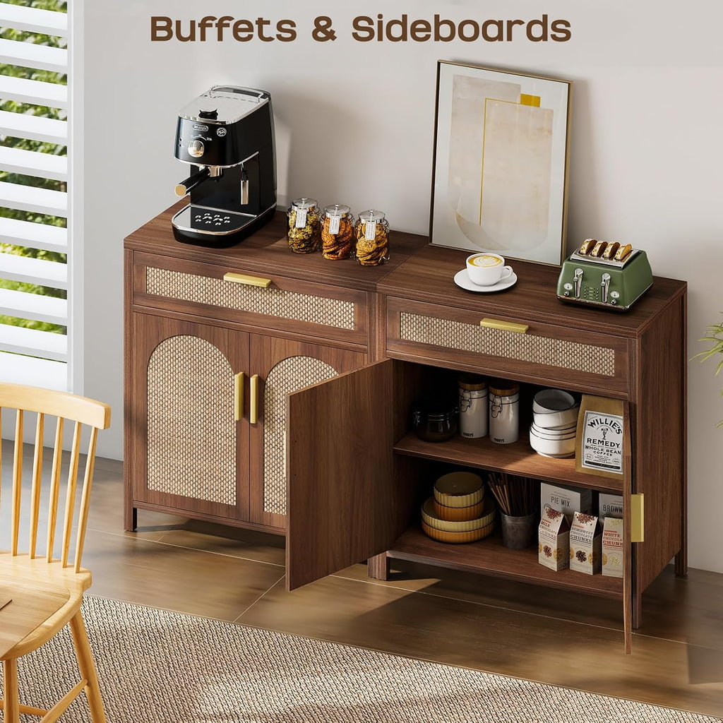 Rattan Buffet Cabinet with Storage, Sideboard Cabinet with Doors and Shelves, Accent Coffee Bar with Drawers, Farmhouse Kitchen Storage Cabinets, credenza for Entryway, Living Room Walnut