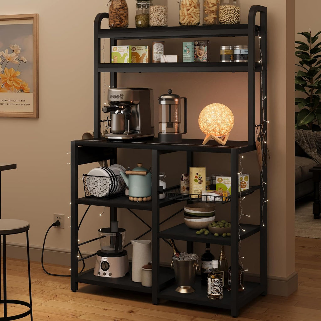 IDEALHOUSE Bakers Rack with Power Outlet, 6-Tier Coffee Bar Station with Wire Drawer, Industrial Microwave Stand, Kitchen Standing Bakers Racks with Large Storage, Hutch, Retro Black