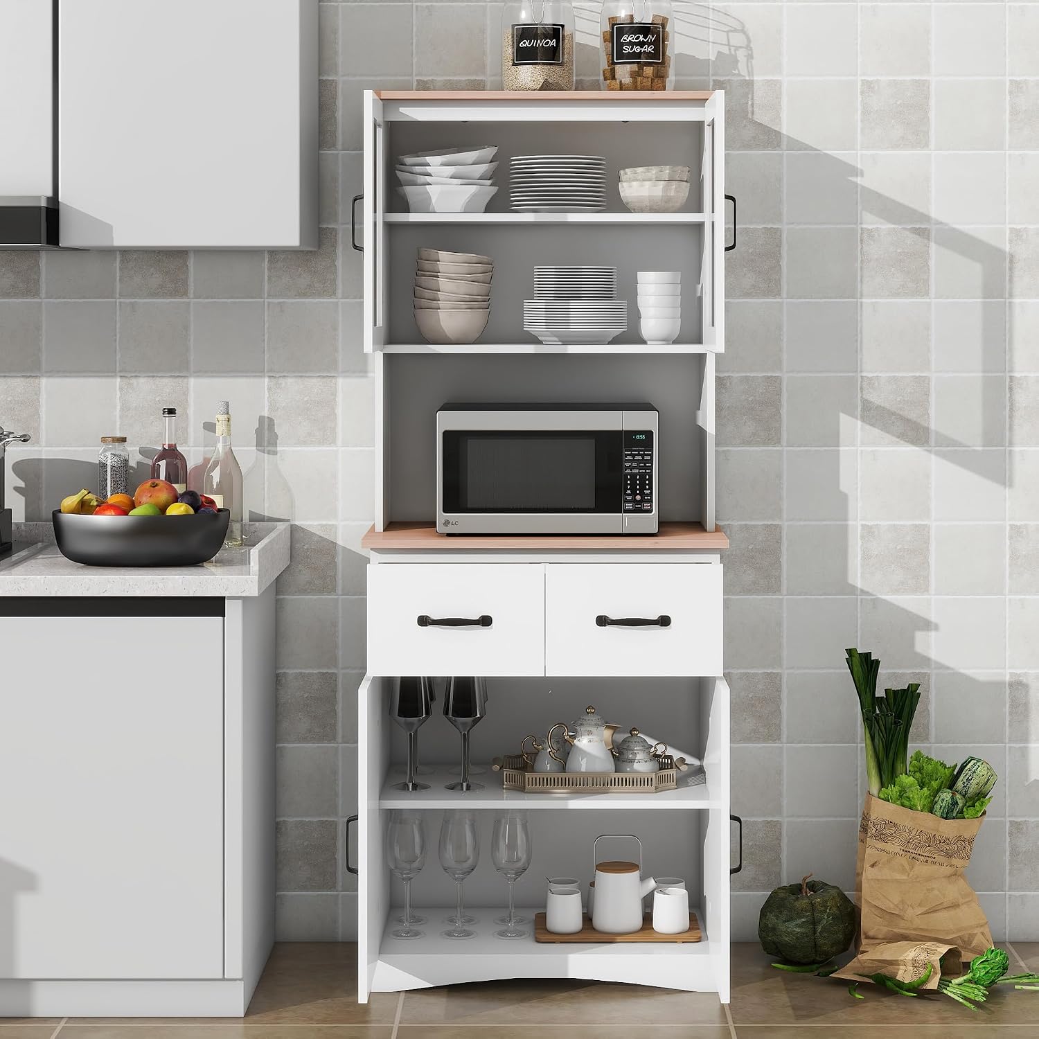 Wooden-Style Kitchen Cabinet with Framed Glass Doors & Drawer - Microwave Stand with Storage, Adjustable Shelfes for Kitchen, Dining Room (White)