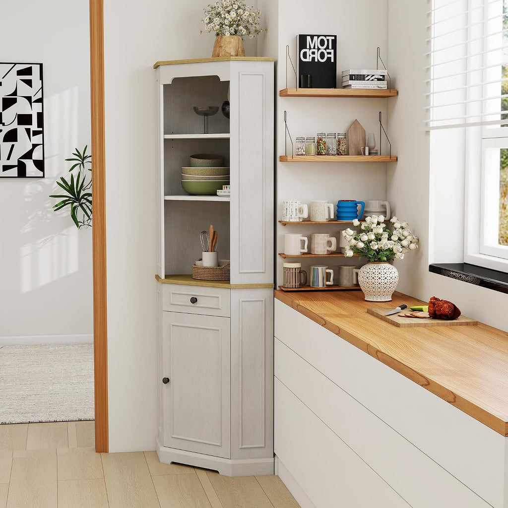 RASOO 68.11' Farmhouse Corner Cabinet, Tall Five-Sided Pentagonal for Kitchen，3-Tiers Open Shelf and one Drawer and Door Corner Storage Hutch Cabinet for Living Room, Bathroom and Dining Room