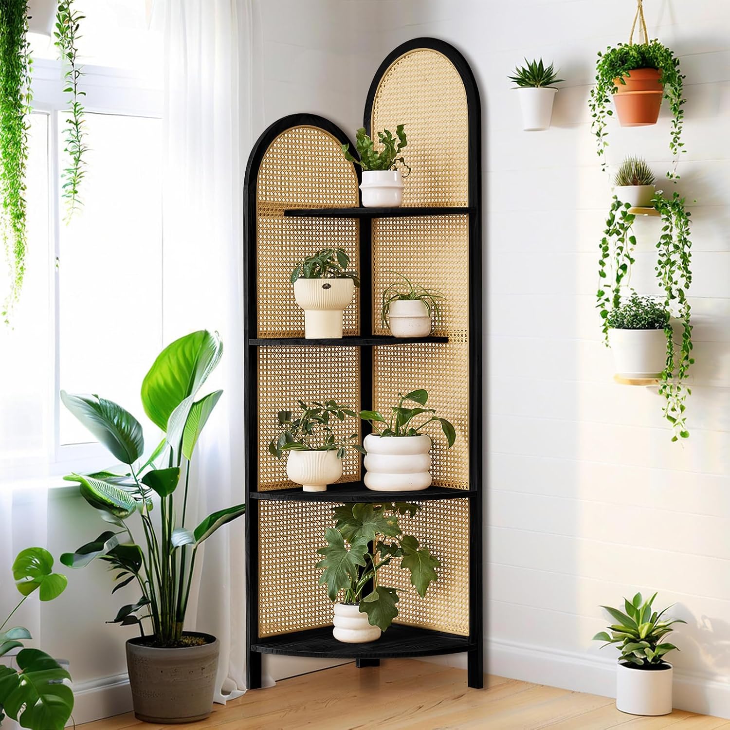 Corner Shelf Stand 4-Tier 70' Solid Wood Frame with Rattan Corner Shelves Display Shelf Wall Corner Bookshelf Multi Unit Organizer Rack with Legs for Living Room Decor,Small Space, Black