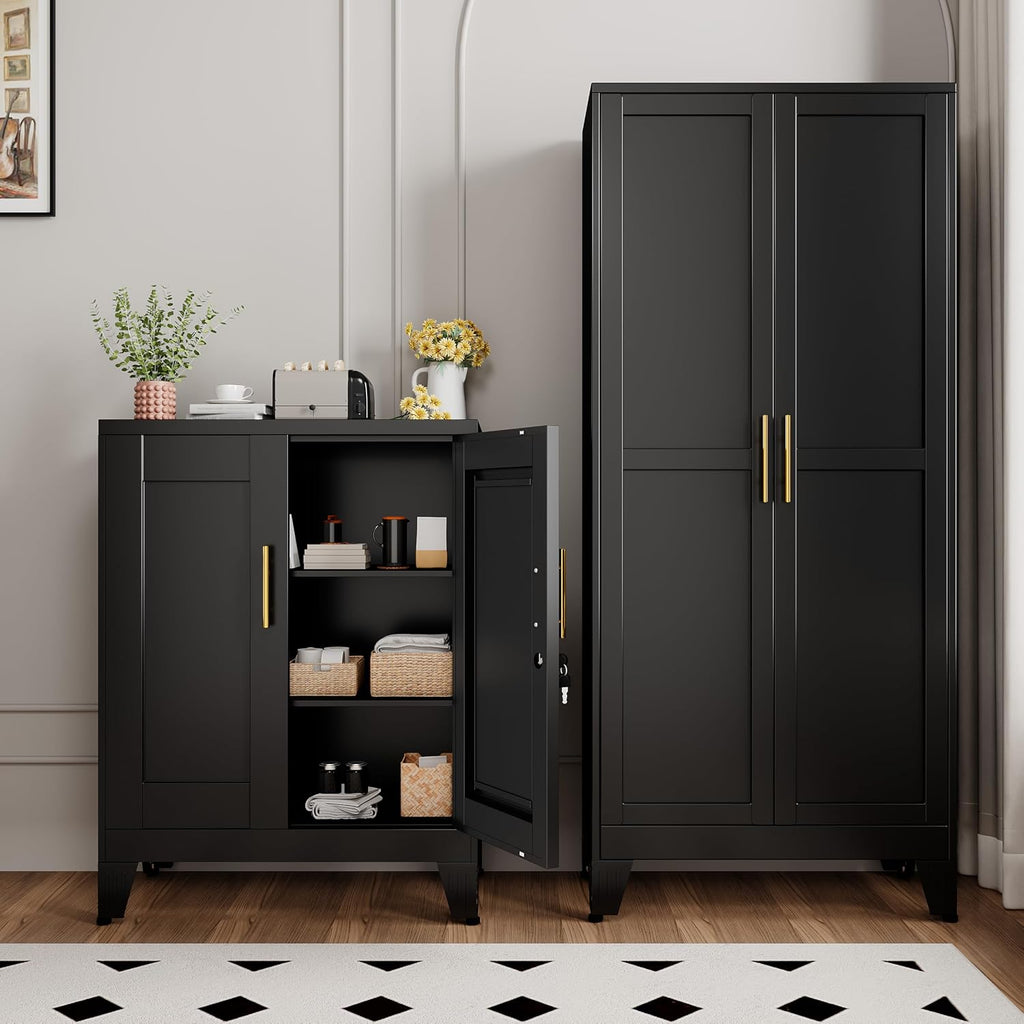 GAIOUS Black Metal File Cabinet with Lock (Two Units), Steel Storage Cabient with 2 Doors and 2 Adjustable Shelves, Multifunctional Locked Cabinet for Home/Office/Garage/Tool Room, Accent Furniture