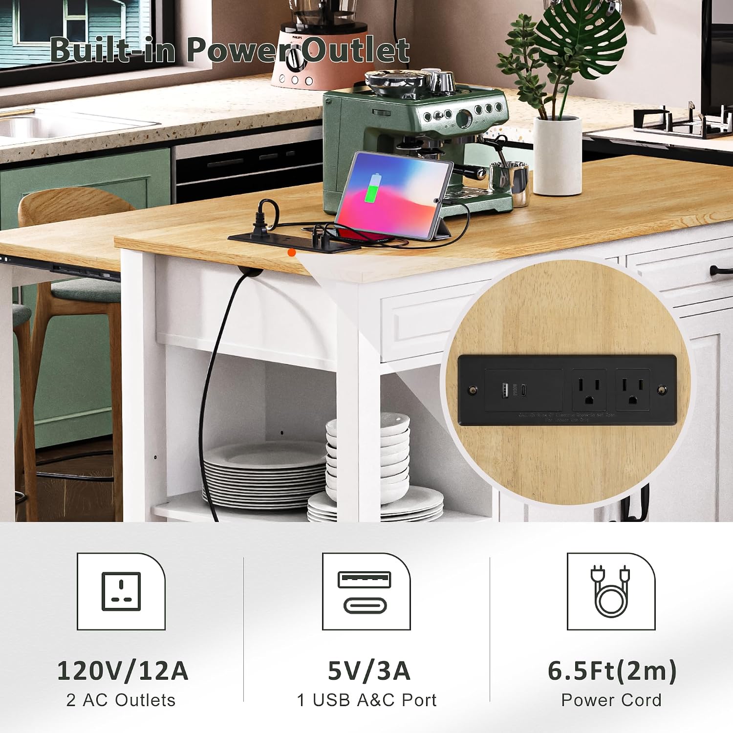 47' Kitchen Island with Extendable Dining Table, Rubber Wood Veneer Kitchen Table with Internal Storage Rack, Power Outlet, 2 Drawers, 2 Cabinet for Kitchen, Dining Room White