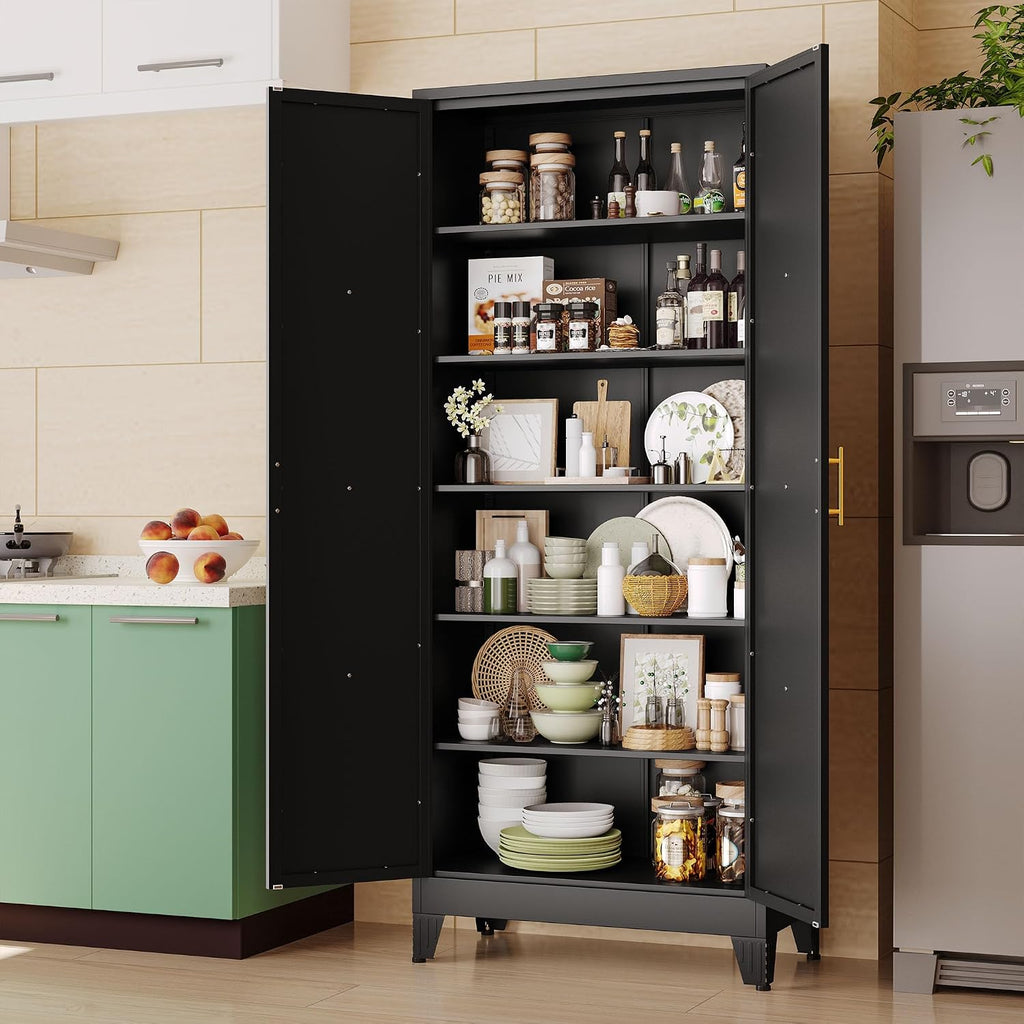 pozdeg 75' Tall Metal Kitchen Pantry Storage Cabinet with 2 Doors and 5 Adjustable Shelves, White Food Freestanding Cupboard for Kitchen, Dining Room, Bathroom and Garage (Black)