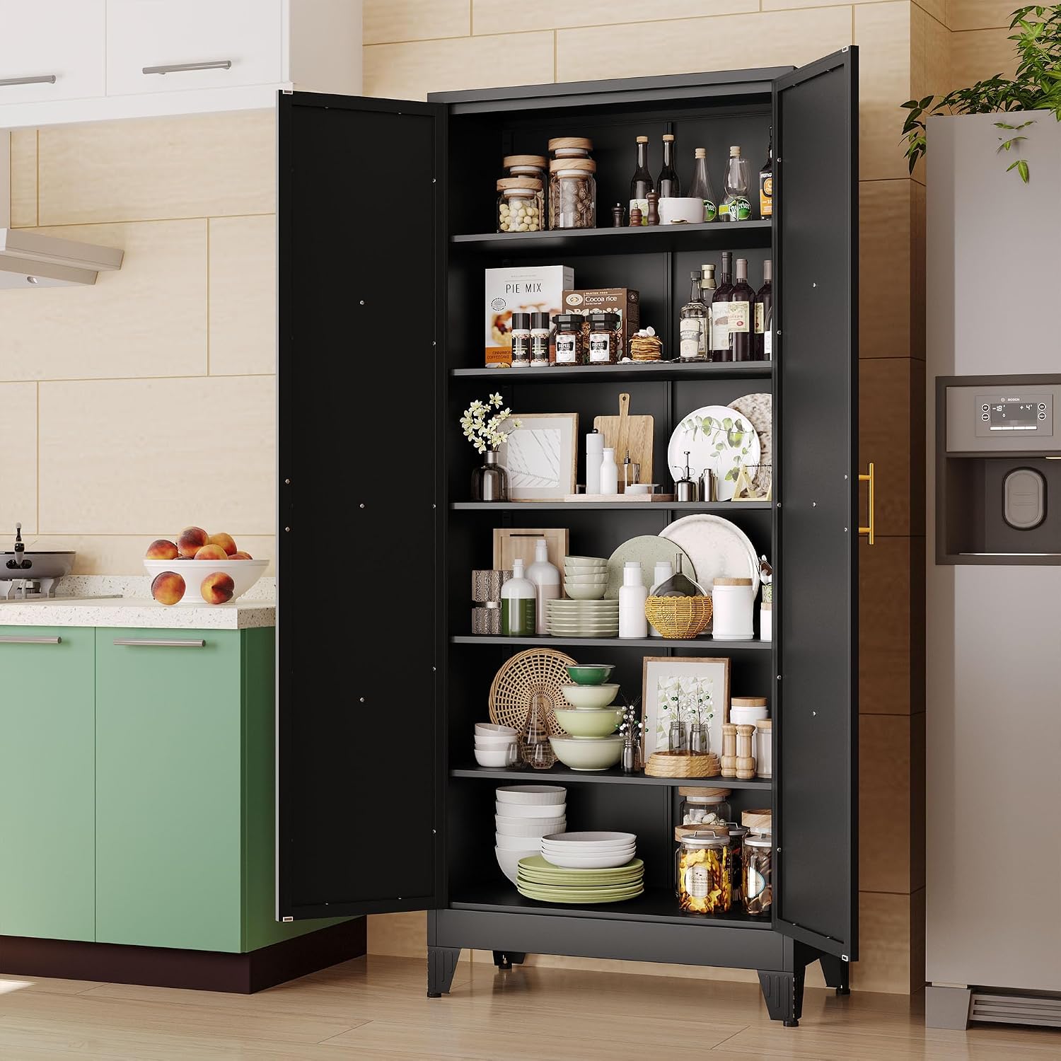 pozdeg 75' Tall Metal Kitchen Pantry Storage Cabinet with 2 Doors and 5 Adjustable Shelves, White Food Freestanding Cupboard for Kitchen, Dining Room, Bathroom and Garage (Black)
