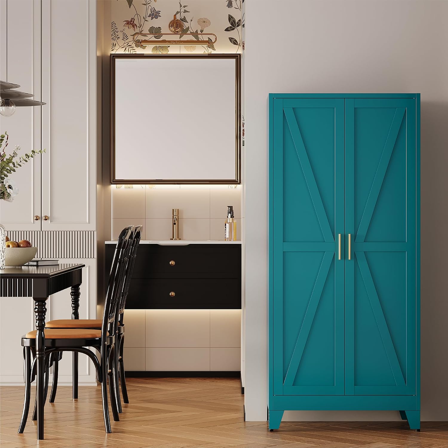 QINPTWUT 61' Metal Storage Cabinet, 4-Tier Kitchen Pantry with 3 Adjustable Shelves, Farmhouse Design Freestanding Cupboard for Kitchen, Bathroom, Laundry, Garage, Blue