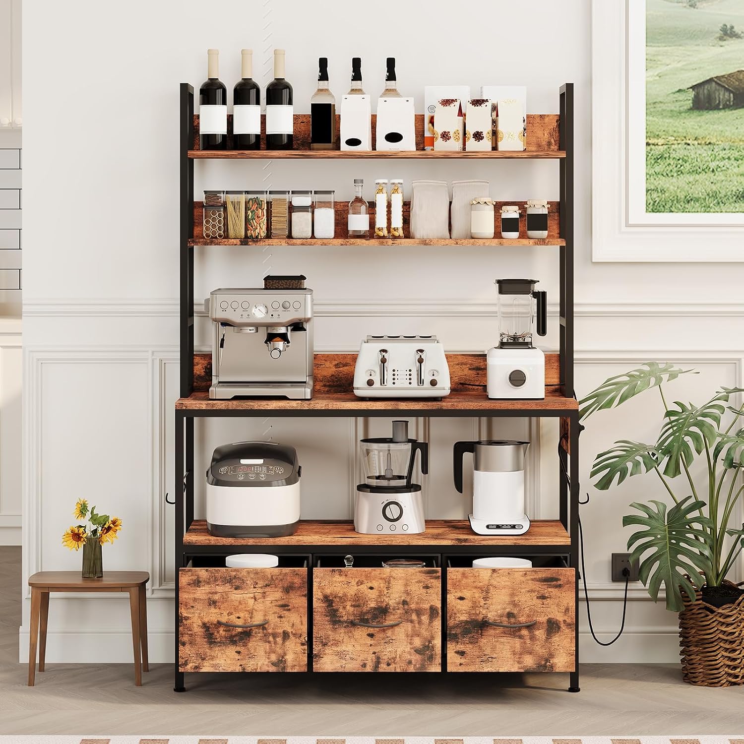 IDEALHOUSE 5 Tier Kitchen Bakers Rack with Charging Station & Drawers, Industrial Microwave Oven Stand, Freestanding Farmhouse Coffee Bar Station Utility Shelves with Hooks, Vintage Brown