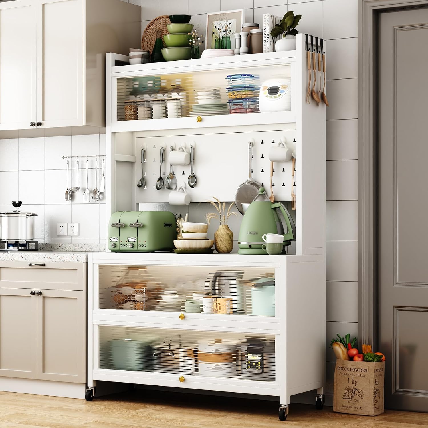 65'' Tall Kitchen Bakers Rack with Flip Door Cabinet, 5 Tier Multifunctional Microwave Stand Buffet, Coffee Bar, Kitchen Pantry Storage Cabinet Shelf, Quick Assembly, White