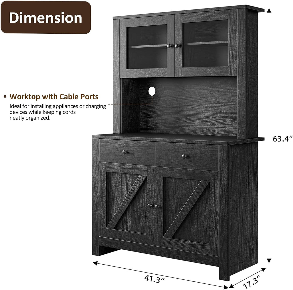 IDEALHOUSE 63' Kitchen Pantry Cabinet with Drawers, Hutch Cabinet with Storage, Microwave Stand, Adjustable Shelves, Freestanding Tall Pantry Storage for Dining Room, Living Room, Black