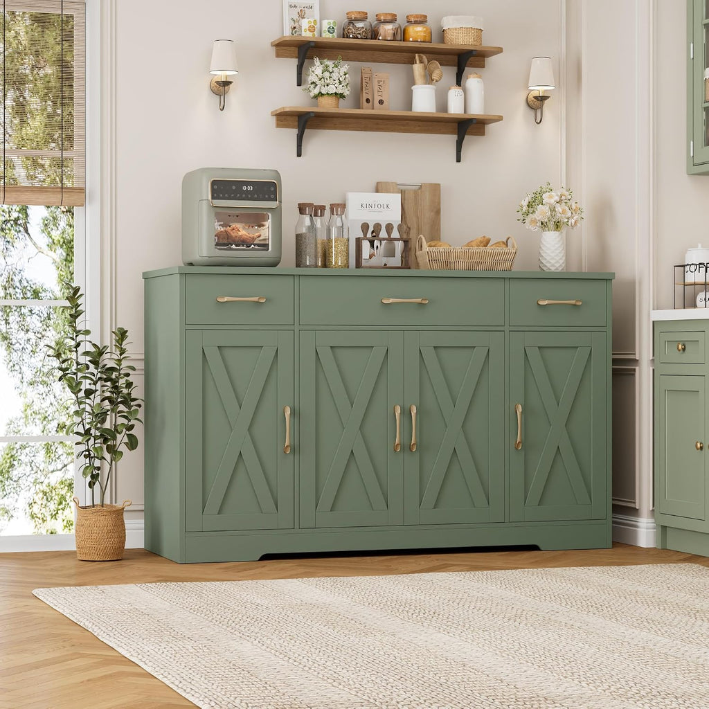 HOSTACK Buffet Sideboard Cabinet with Drawers, 55' Large Buffet Storage Cabinet with Shelves and Doors, Modern Farmhouse Coffee Bar Station for Kitchen, Dining Room, Green