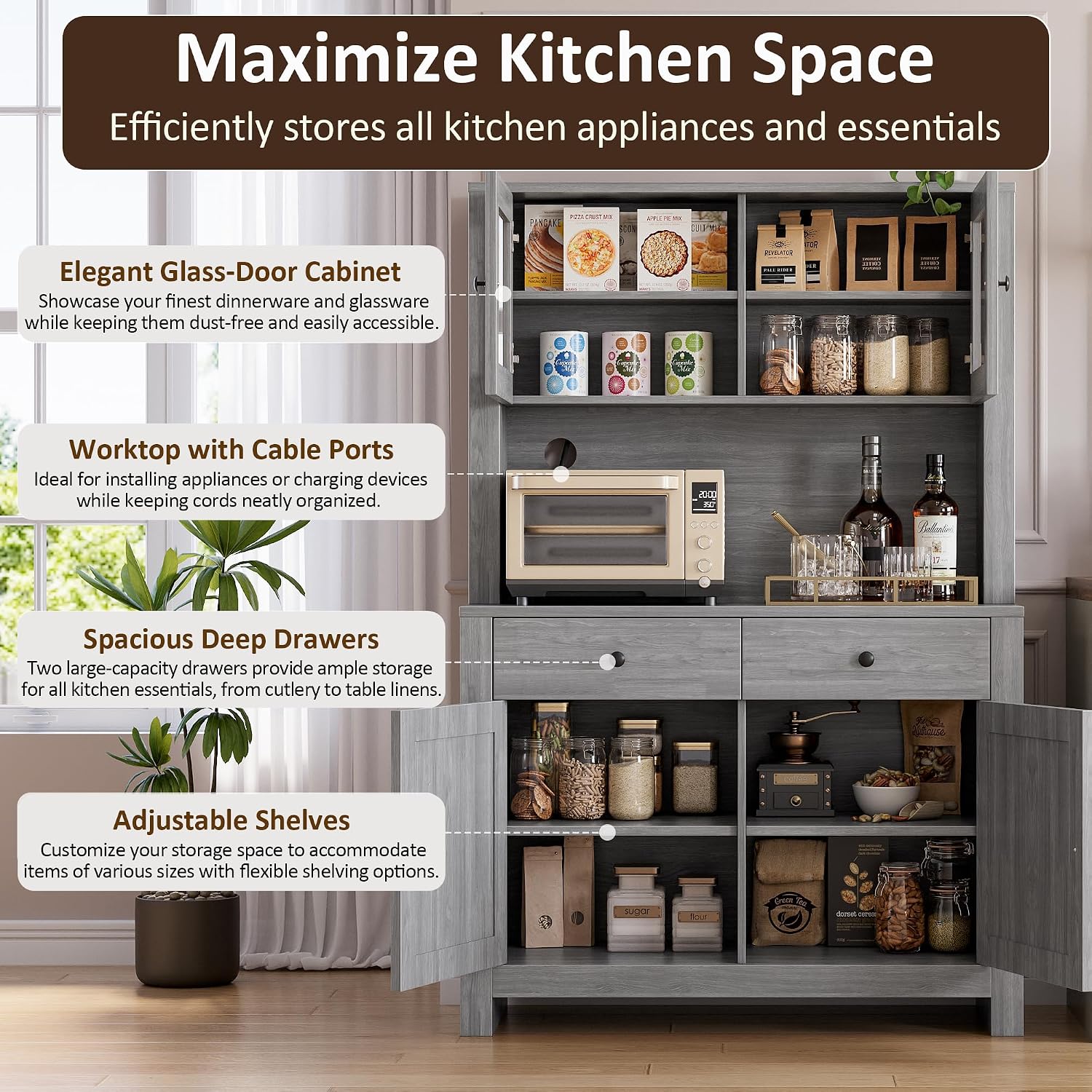 IDEALHOUSE 63' Kitchen Pantry Cabinet with Drawers, Hutch Cabinet with Storage, Microwave Stand, Adjustable Shelves, Freestanding Tall Pantry Storage for Dining Room, Living Room, Grey