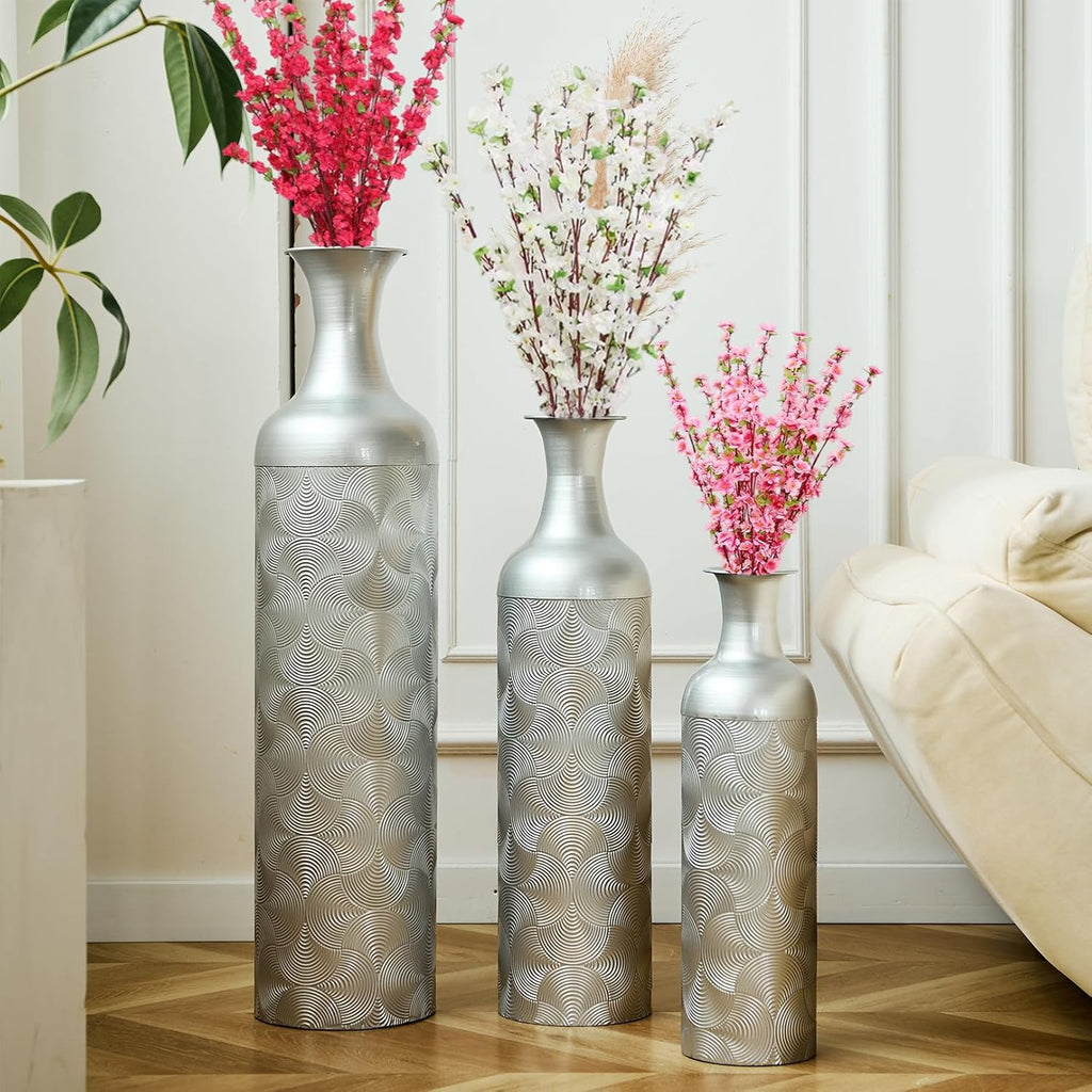 Tall Silver Floor Vase Set of 3, Modern Metal Standing Vases for Living Room Decor, Tall Cylinder Flower Vases with Wave Pattern for Home, Office Decorative Vase Set (32.68, 25.98, 19.69 Inch)