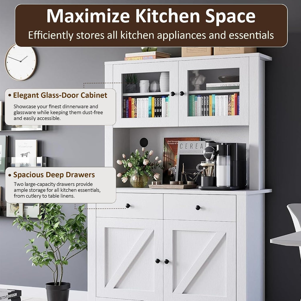 IDEALHOUSE 63' Kitchen Pantry Cabinet with Drawers, Hutch Cabinet with Storage, Microwave Stand, Adjustable Shelves, Freestanding Tall Pantry Storage for Dining Room, Living Room, White