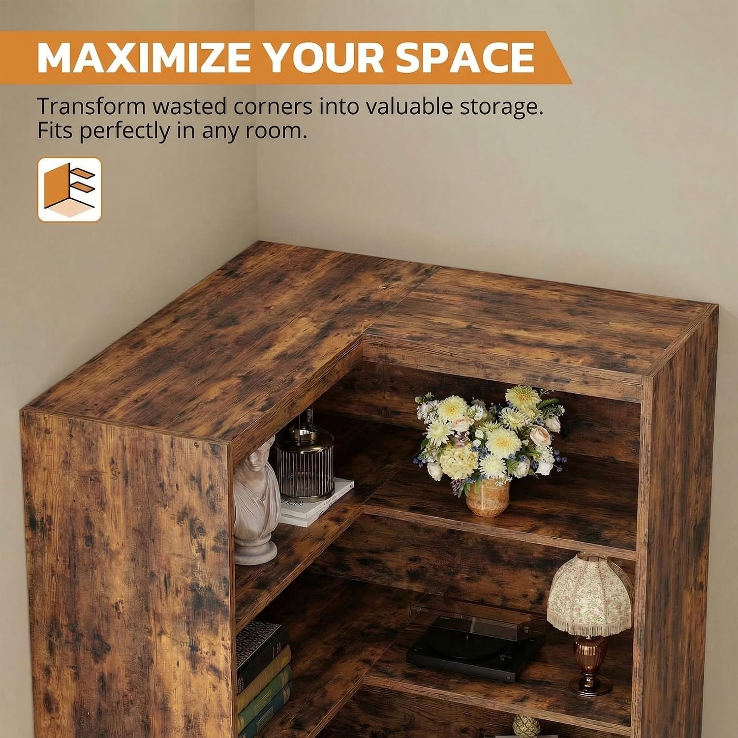 IRONCK Corner Bookshelf with Doors, 6-Tier Tall Corner Bookcase with Storage Cabinet, L-Shaped Corner Shelf for Living Room, Home Office, Vintage Brown