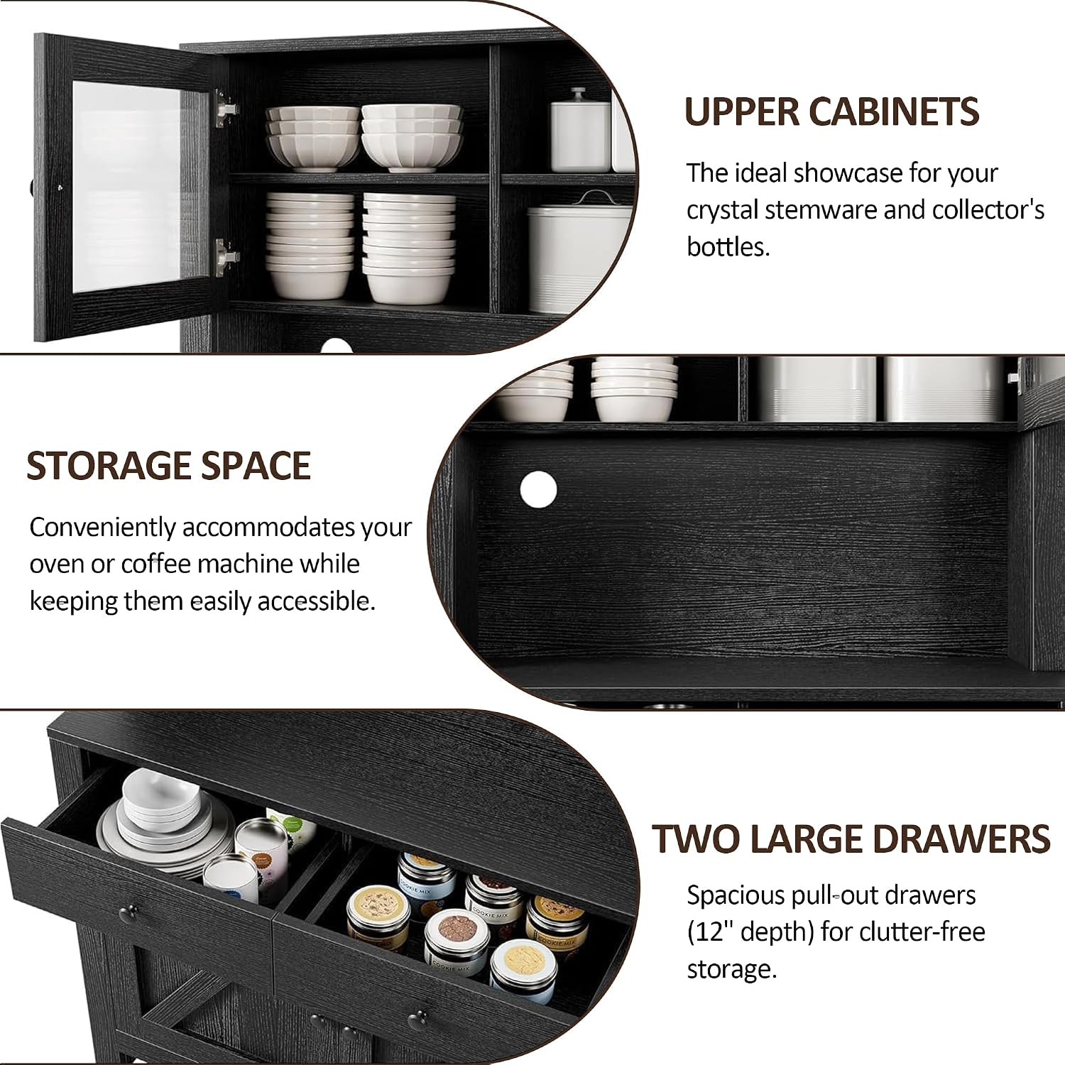 IDEALHOUSE 63' Kitchen Pantry Cabinet with Drawers, Hutch Cabinet with Storage, Microwave Stand, Adjustable Shelves, Freestanding Tall Pantry Storage for Dining Room, Living Room, Black