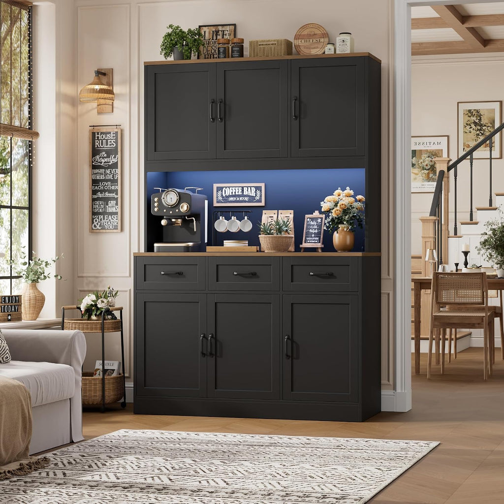 HOSTACK 72' Tall Kitchen Pantry Cabinet with Charing Station | LED Lights, 47'W Kitchen Pantry Storage Cabinet with Countertop, Kitchens Hutch Cabinets with Storage for Dining Room, Black/Rustic Brown