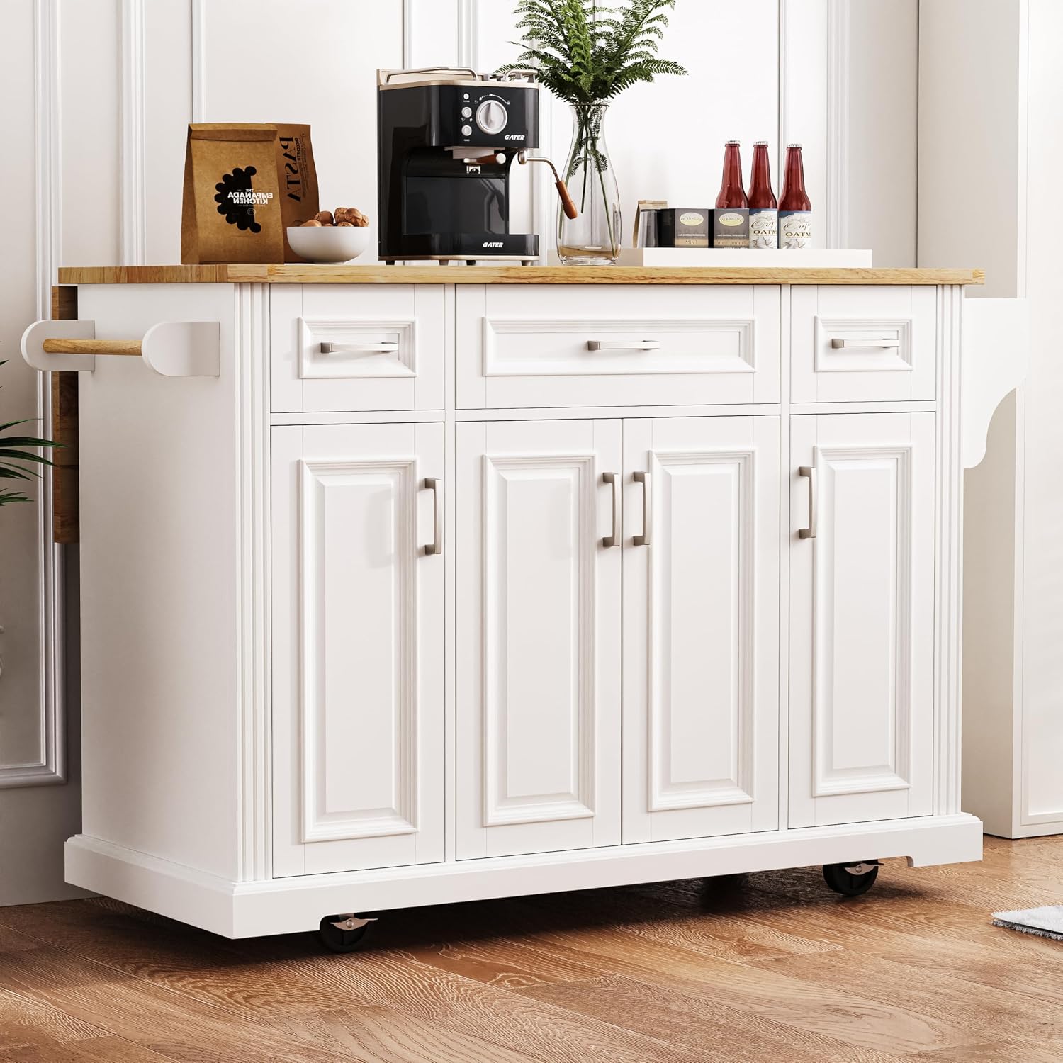 54' Rolling Storage Kitchen Island Cart on 4 Wheels with Drop Leaf, Embossed Texture, 4 Doors and 3 Drawers for Kitchen, Dining Room, White, Rubber Wood Top