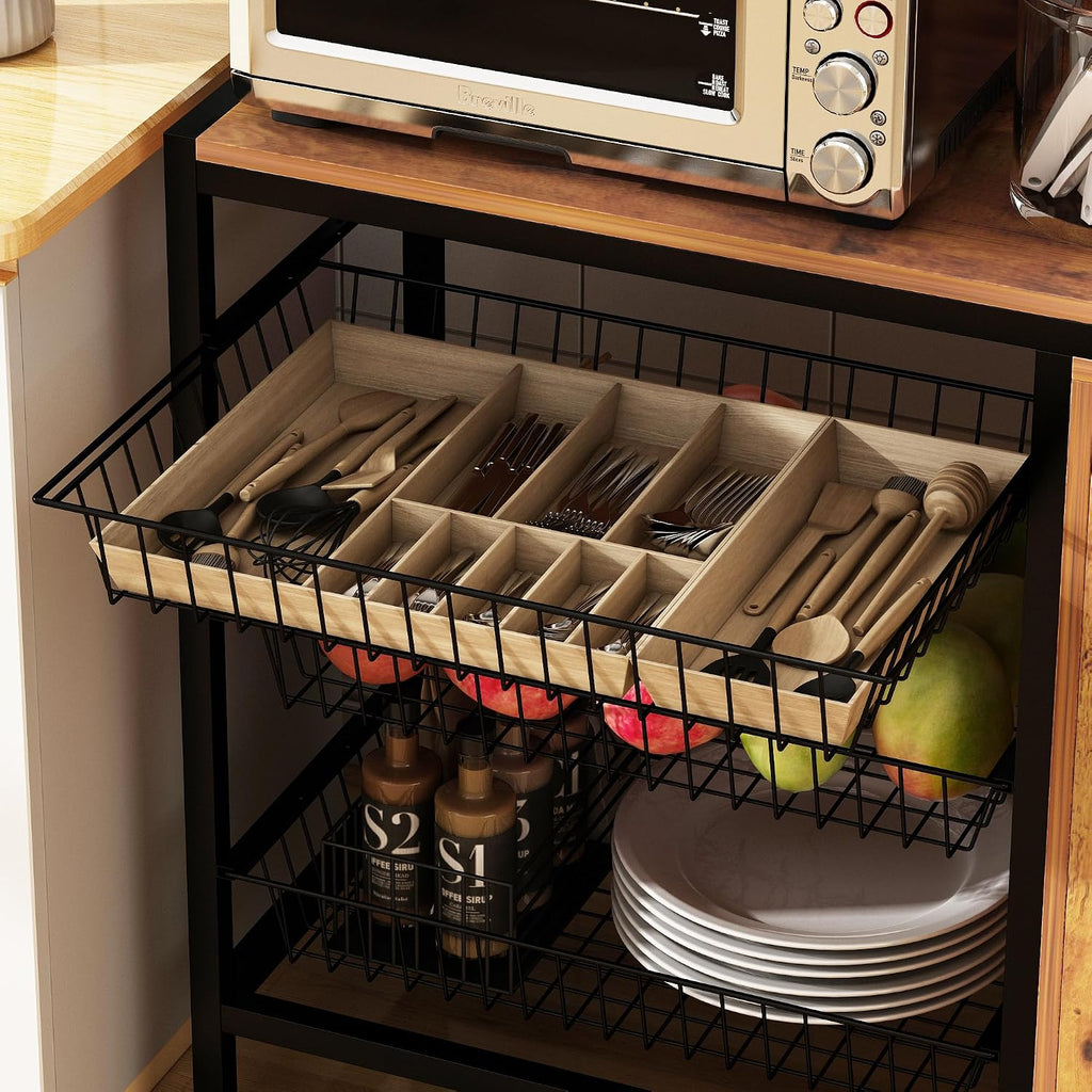 Kitchen Bakers Rack with Baskets and Door Cabinet,5-Tier Free Standing Storage Shelf Rack,Industrial Microwave Oven Stand for Kitchen, Dining Room,Living Room