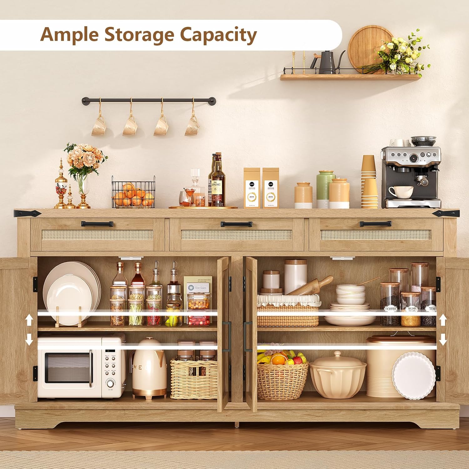 usikey 61' Large Buffet Cabinet with Storage, Sideboard Cabinet with 4 Doors and 3 Drawers, Farmhouse Buffet Table, Dining Room Storage Cabinet for Kitchen or Living Room, Natural