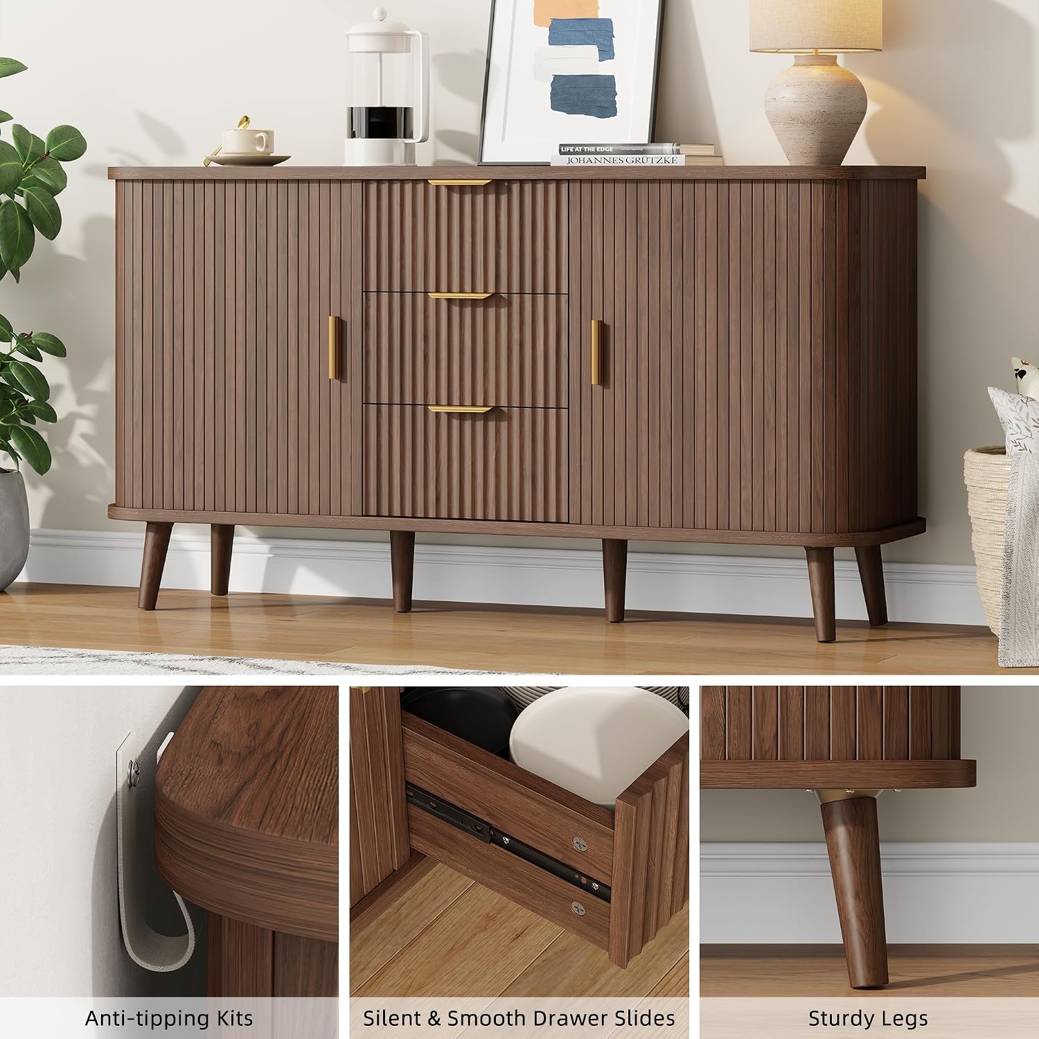 Lulive Walnut Buffet Cabinet, 55' Wide Sideboard Buffet Storage Cabinet with Rolling & Sliding Doors, Modern Bar Cabinet for Kitchen & Dining Room