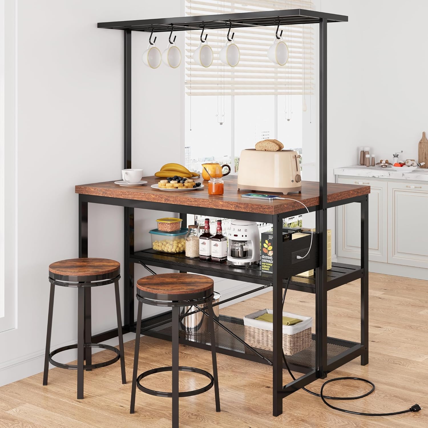 Garvee 47 in Kitchen Island with Power Outlets - Mobile Bakers Rack with 3 Shelves, Microwave Stand & 5 Hooks, 400 LB Capacity (Brown)