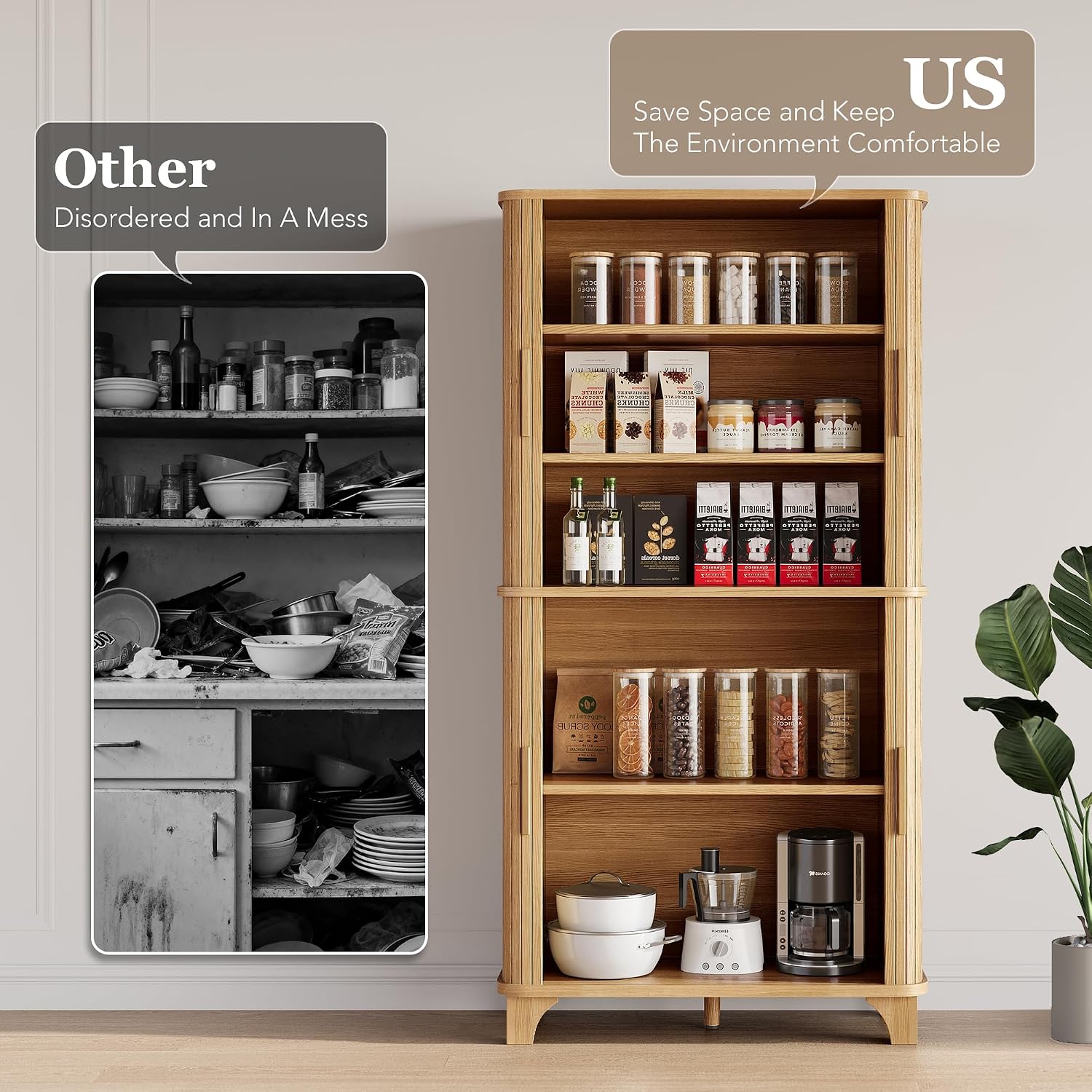 Decofy 69' Tall Kitchen Pantry Storage Cabinet with Sliding Door, Modern Curved Edge Pantry Storage Cabinet with 5 Shelves, Cupboard for the Kitchen, Dining Room, Bedroom, Living Room, Office (Oak)
