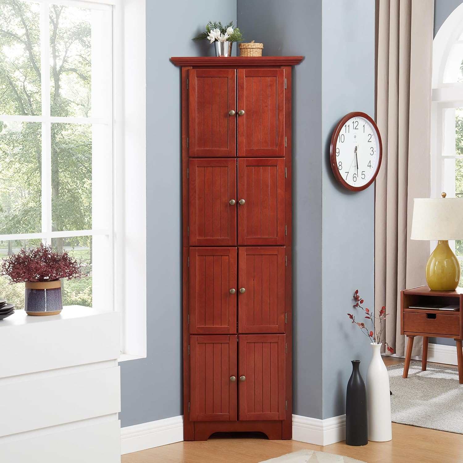 72' Corner Design Freestanding Storage Cabinet, Kitchen Storage Bakers Rack with Sleek Metal Handles, Utility Food Cupboard with 4-Tier Shelves for Kitchen, Bathroom, Living Room, Cherry