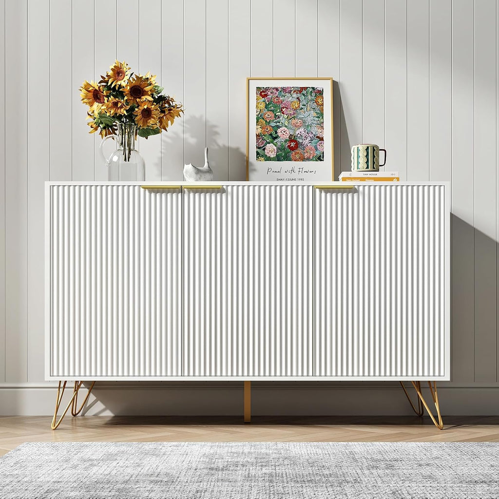 Storage Cabinet with 3 Doors, Buffet Cabinet with Storage, Sideboard Coffee Bar Cabinet with Metal Legs and Adjustable Shelf for Kitchen, Dining Room, Living Room, Office, White