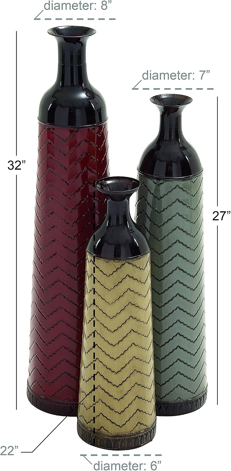 Deco 79 Metal Decorative Vase Tall Enameled Bottleneck Floor Centerpiece Vases with Chevron Pattern, Set of 3 Vases for Home Decoration 32', 27', 22'H, Multi Colored