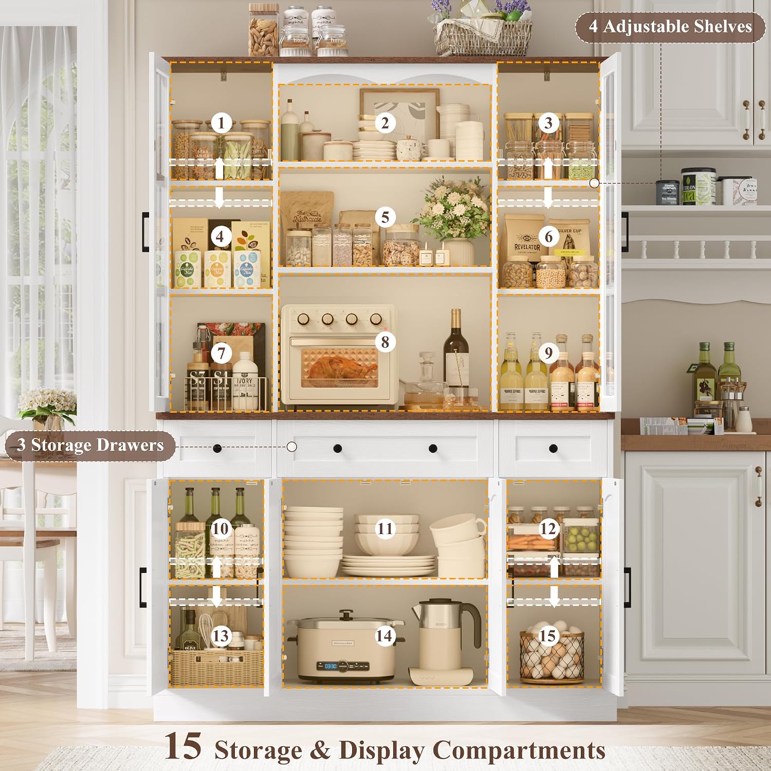 Keyluv 74.8' H Tall Pantry Cabinet with Microwave Stand and 3 Drawers, Large Kitchen Hutch Storage Cabinet with Glass Door and Adjustable Shelves for Kitchen, Dining Room, Living Room, White