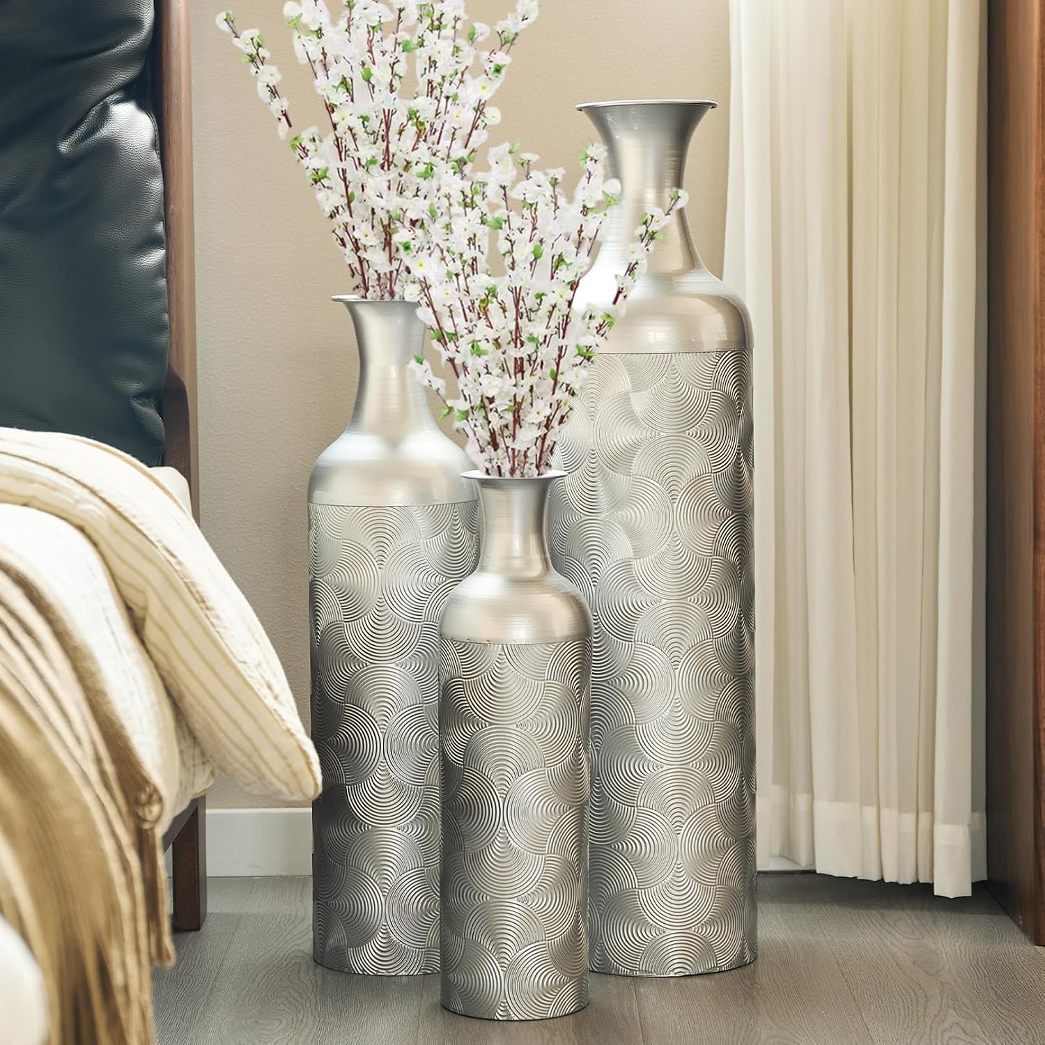 Tall Silver Floor Vase Set of 3, Modern Metal Standing Vases for Living Room Decor, Tall Cylinder Flower Vases with Wave Pattern for Home, Office Decorative Vase Set (32.68, 25.98, 19.69 Inch)