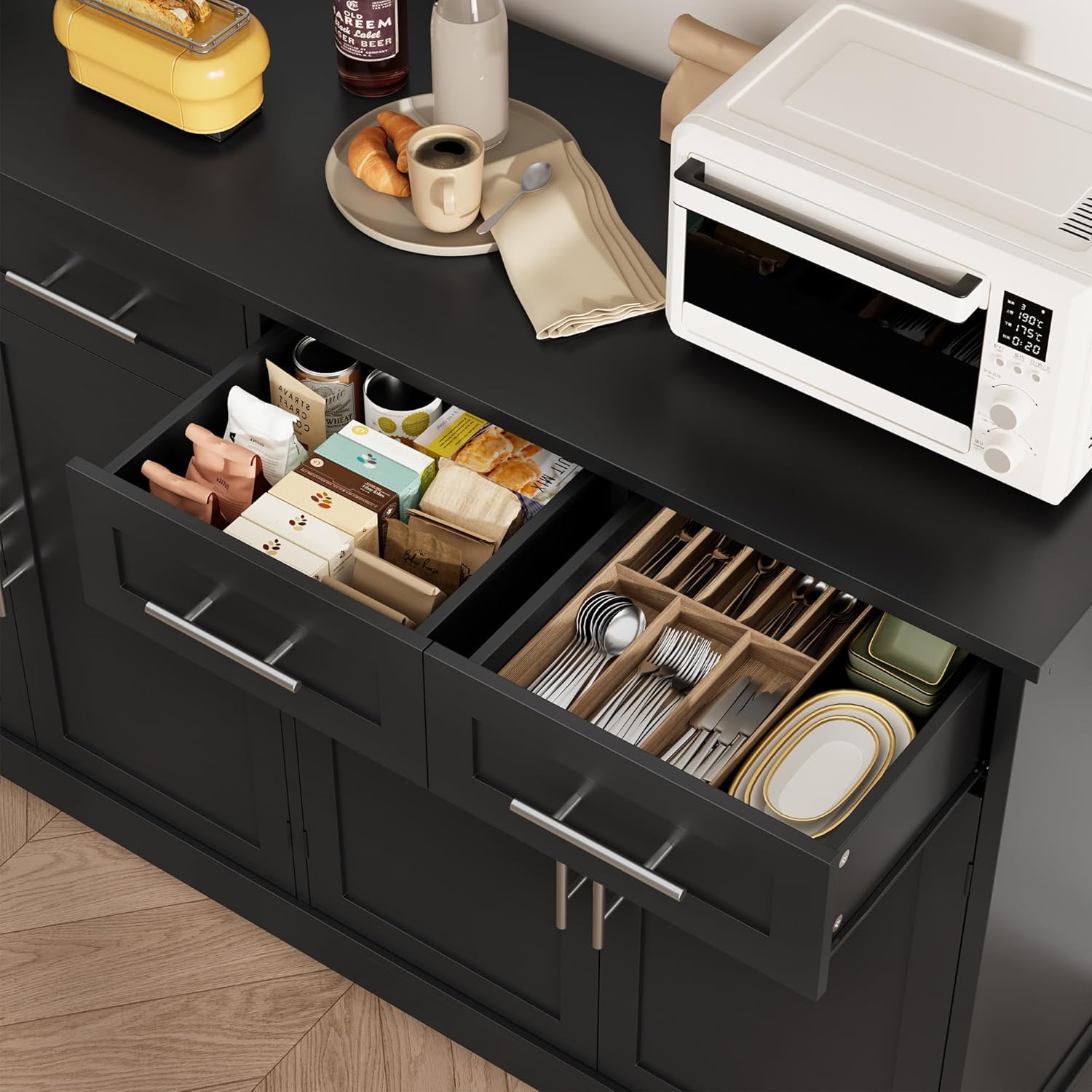 HOSTACK 60' Large Buffet Sideboard with Storage, 36' Tall Kitchen Buffet Storage Cabinet with 4 Drawer, Modern Coffee Bar Cabinet with Silver Handle, Long Sideboard Buffet Table for Kitchen, Black