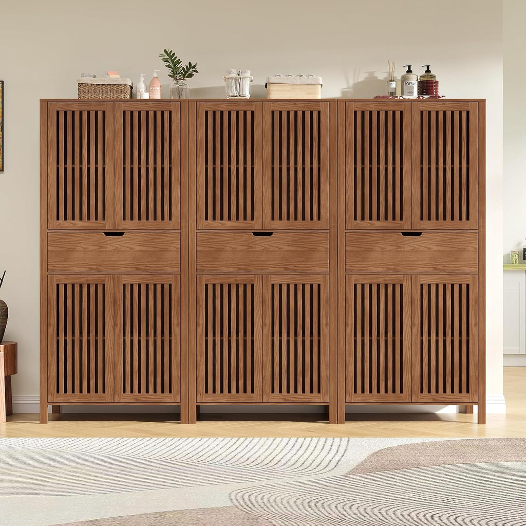 BVIUNTWO Set of 3 Rustic Brown 69' Tall Farmhouse Storage Cabinet with Drawer & Adjustable Shelves, Grille Door Organizer Unit, Anti-Tip Design for Bathroom,Kitchen,Living Room