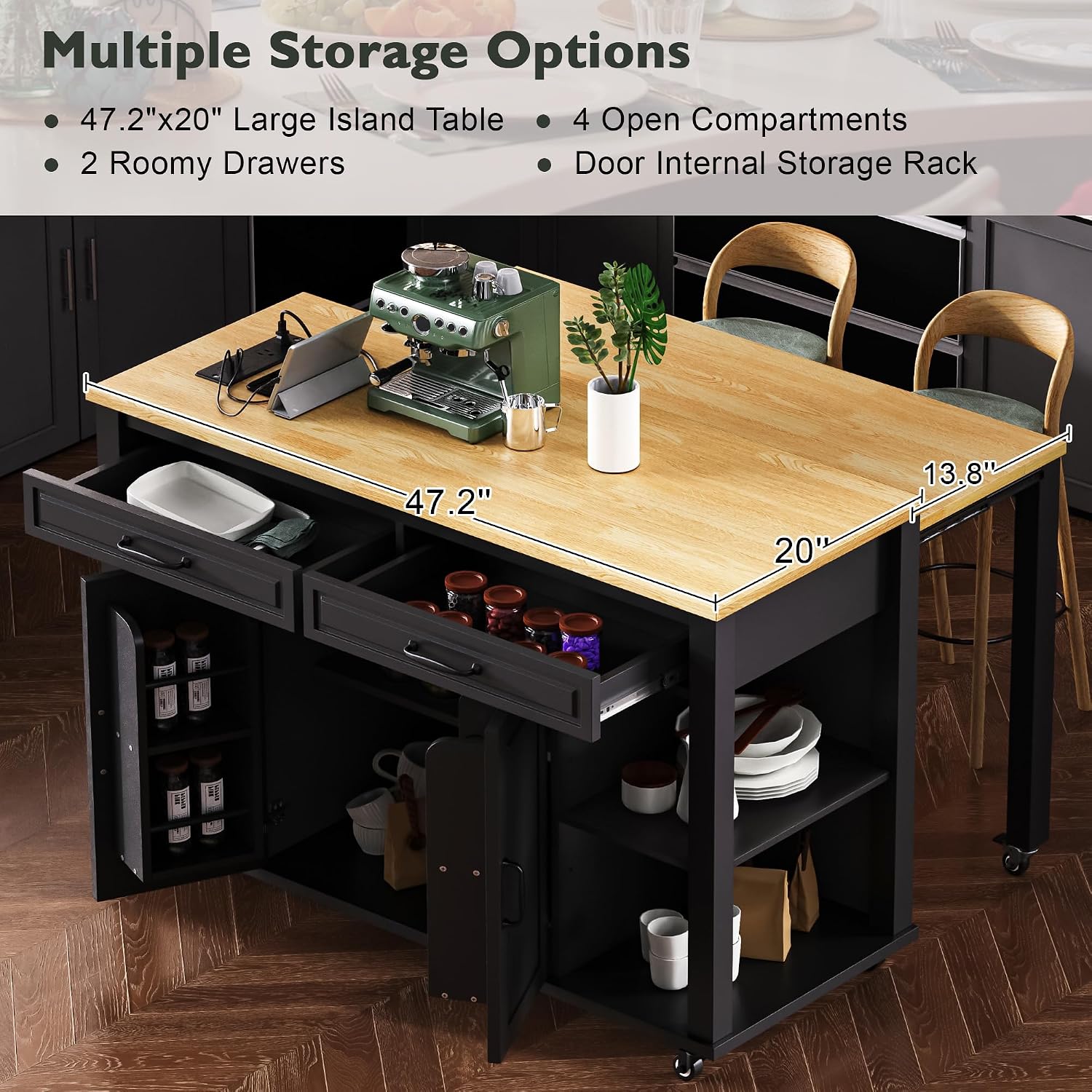 47' Kitchen Island with Extendable Dining Table, Rubber Wood Veneer Kitchen Table with Internal Storage Rack, Power Outlet, 2 Drawers, 2 Cabinet for Kitchen, Dining Room Black