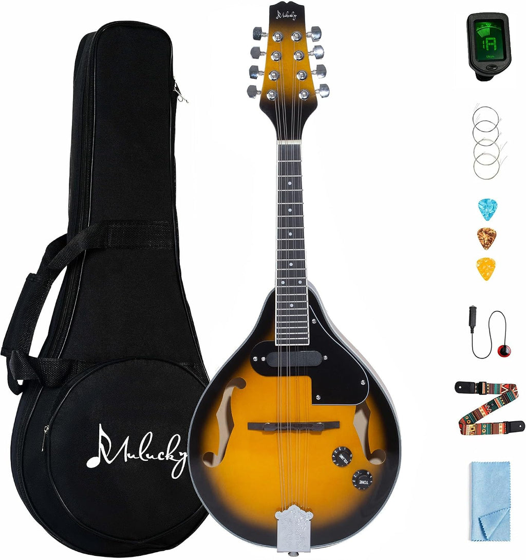 Mulucky A Style Acoustic Electric Mandolins Instrument, 8 String Acoustic Mandolin with Beginner Kit, Case, Tuner, String, Picks - Sunburst