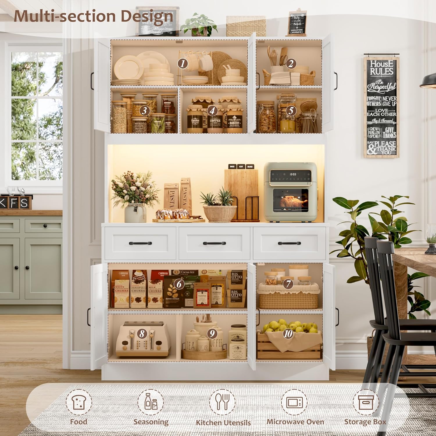 HOSTACK 72' Tall Kitchen Pantry Cabinet with Charging Station | LED Lights, 47' W Kitchen Pantry Storage Cabinet with Countertop, Modern Kitchens Hutch Cabinets with Storage for Dining Room, White