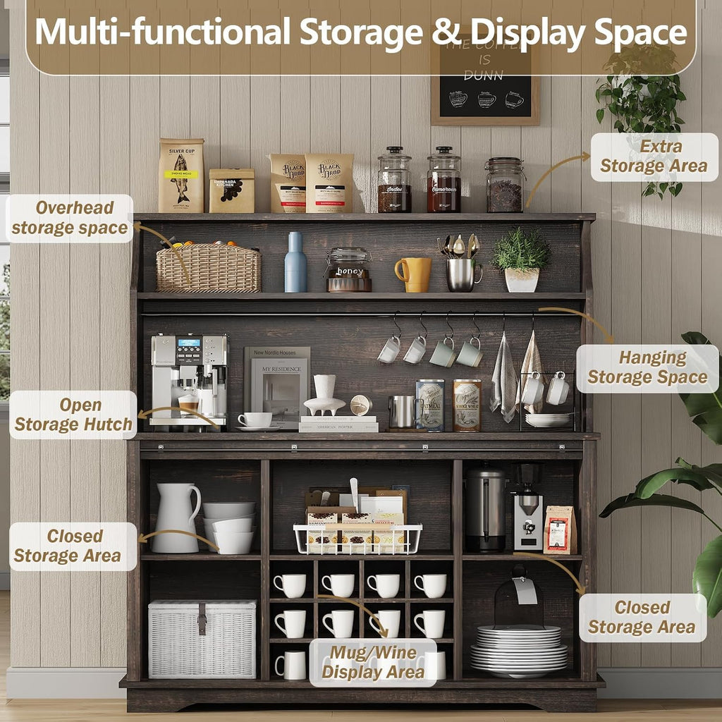55 Inch Farmhouse Coffee Bar Cabinet with 3-Tier Enclosed Storage Cabinet, Kitchen Hutch with 12 Wine Racks & 3 Glass Holders, Coffee Bar with 6 Hooks, Wood Furniture for Dining Living Room, Oak