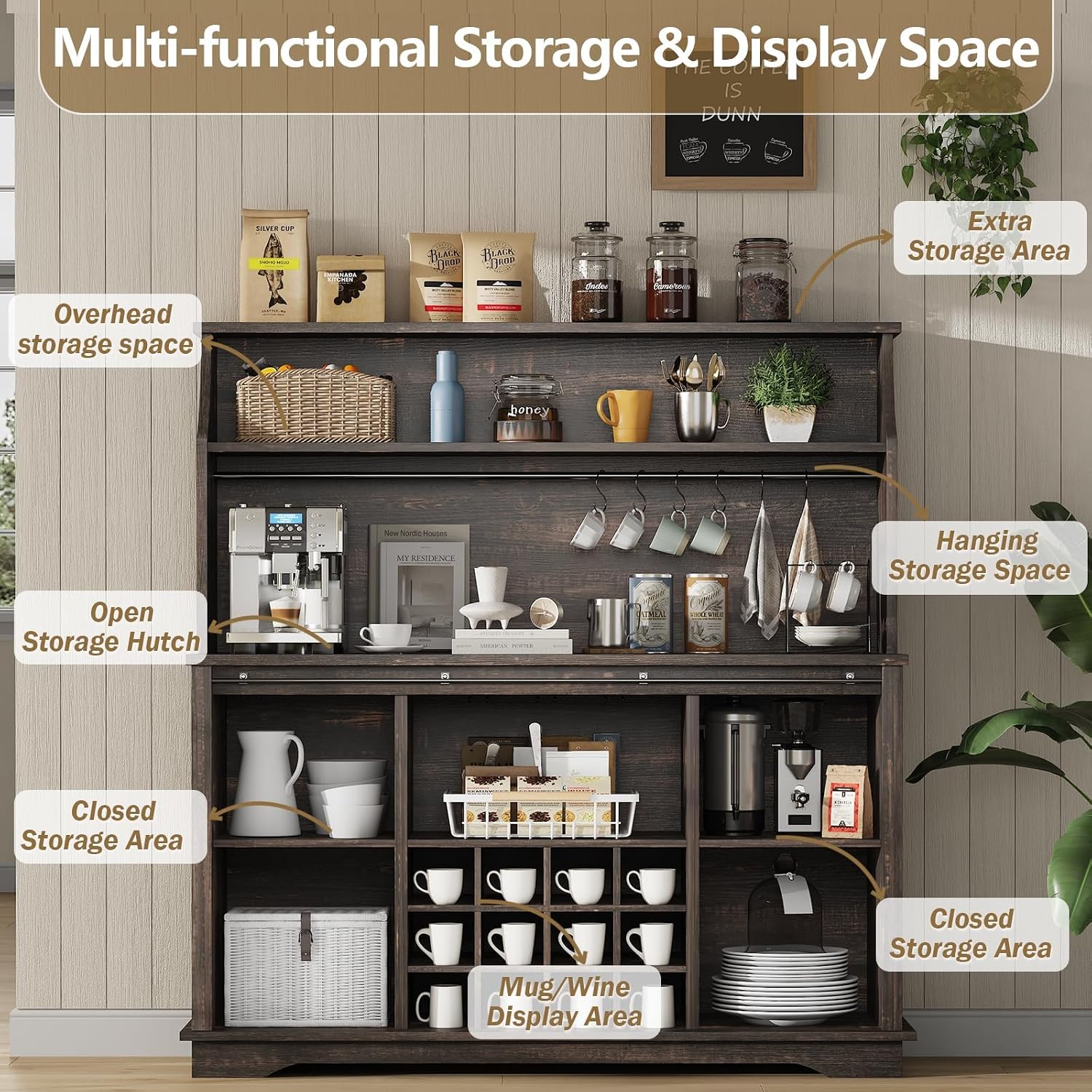 55 Inch Farmhouse Coffee Bar Cabinet with 3-Tier Enclosed Storage Cabinet, Kitchen Hutch with 12 Wine Racks & 3 Glass Holders, Coffee Bar with 6 Hooks, Wood Furniture for Dining Living Room, Oak