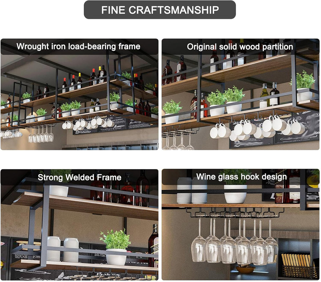 Ceiling Wine Glass Rack - 63in Hanging Wine Rack with Glass Holder and Shelf, 2 Layer Industrial Hanging Wine Bottle Holder, Black Metal Ceiling Shelf for Bar Cafe Kitchen (63×11.8×31.4in, Black)