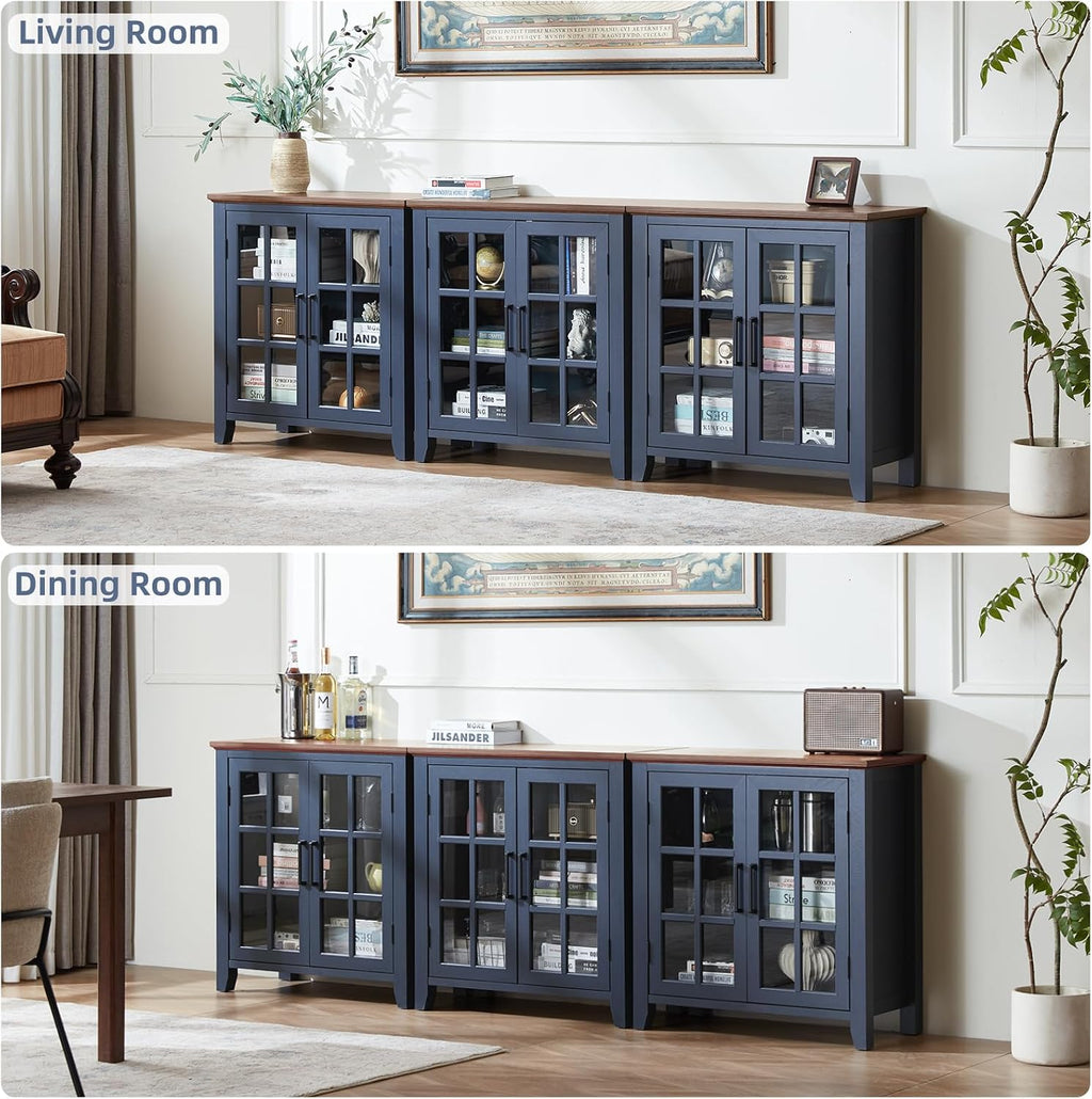 Joaxswe Large Sideboard Buffet Cabinet with Storage, 32' Farmhouse Kitchen Coffee Wine Bar Cabinet with 2 Glass Doors, Wood Mid Century Modern Side Board Table for Dining Room, Living Room, Navy Blue