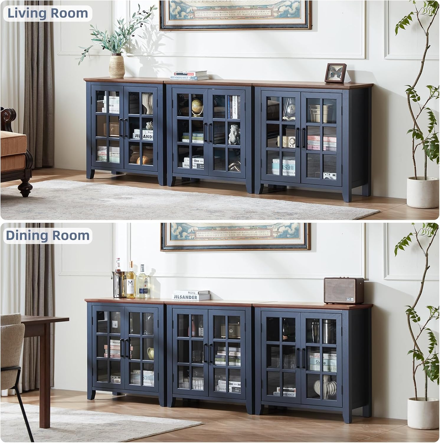 Joaxswe Large Sideboard Buffet Cabinet with Storage, 32' Farmhouse Kitchen Coffee Wine Bar Cabinet with 2 Glass Doors, Wood Mid Century Modern Side Board Table for Dining Room, Living Room, Navy Blue