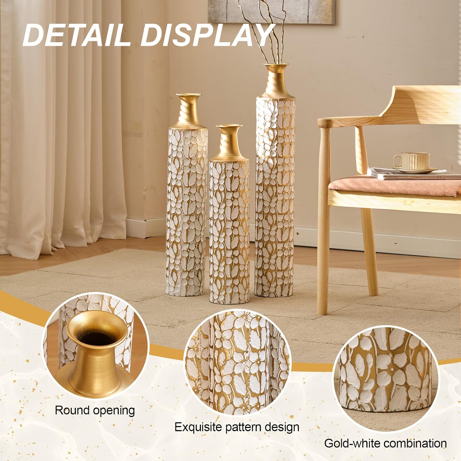 Tall Floor Vase - 3 Sizes (24/28/32 Inch) Gold & White Floral Pattern Decorative Vase for Home Living Room Bedroom Decor, Ideal Mother's Day Present for Mom
