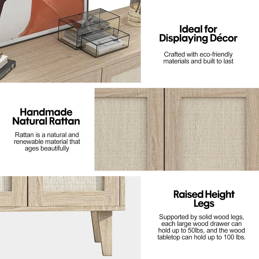 Panana Buffet Storage Cabinet with Rattan Decorating 4 Doors Living Room Kitchen Sideboard 48.43 x 34.65 x 15 inch (Natural Wood)