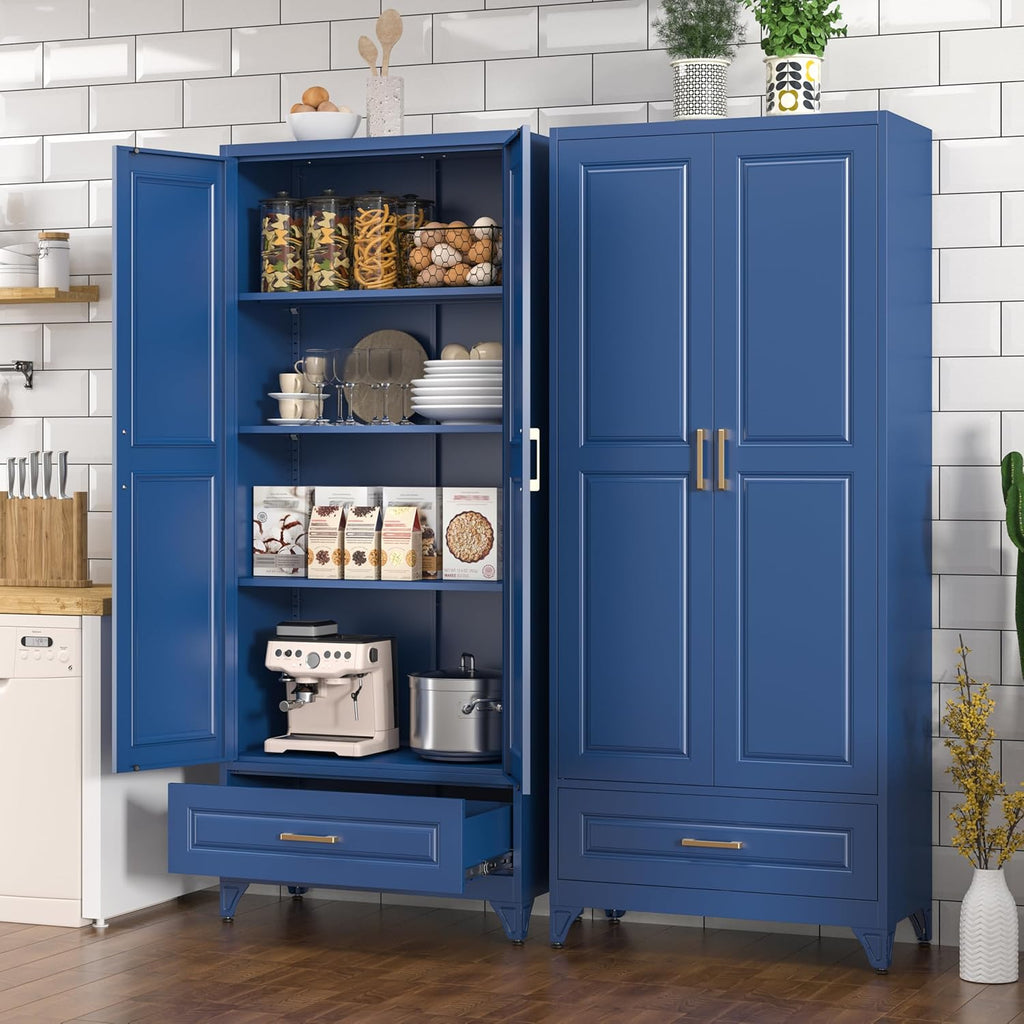 Polup Metal Storage Cabinet,75' Tall Kitchen Pantry Storage Cabinet with Doors and Adjustable Shelves, Blue Metal Pantry Cabinets with Drawer, Large Cupboard for Kitchen, Dining Living Room